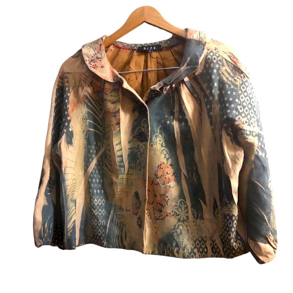 B.L.E.U. Tan Sueded Polyester Jacket Crop Length Raglan Sleeves Floral Print